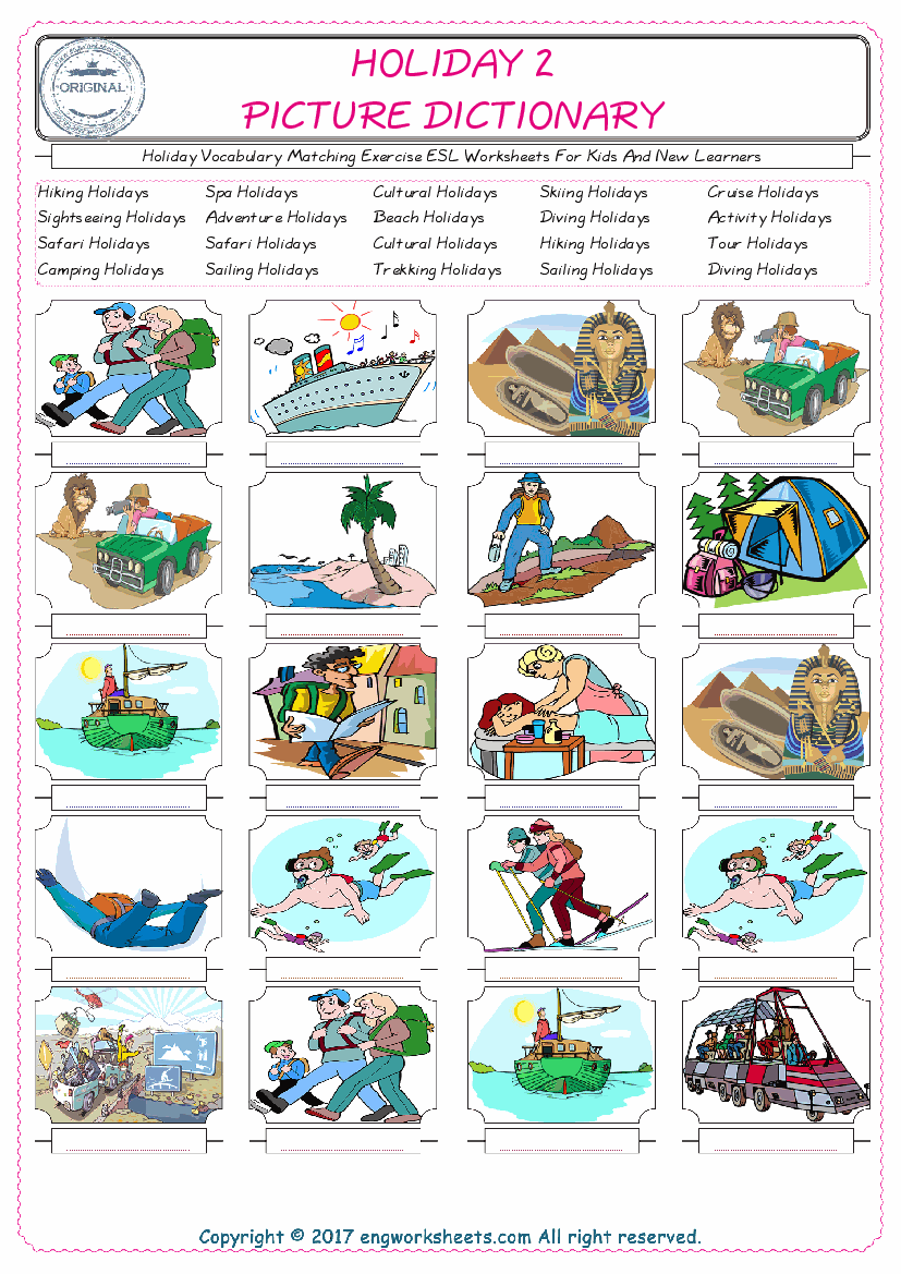  Holiday for Kids ESL Word Matching English Exercise Worksheet. 